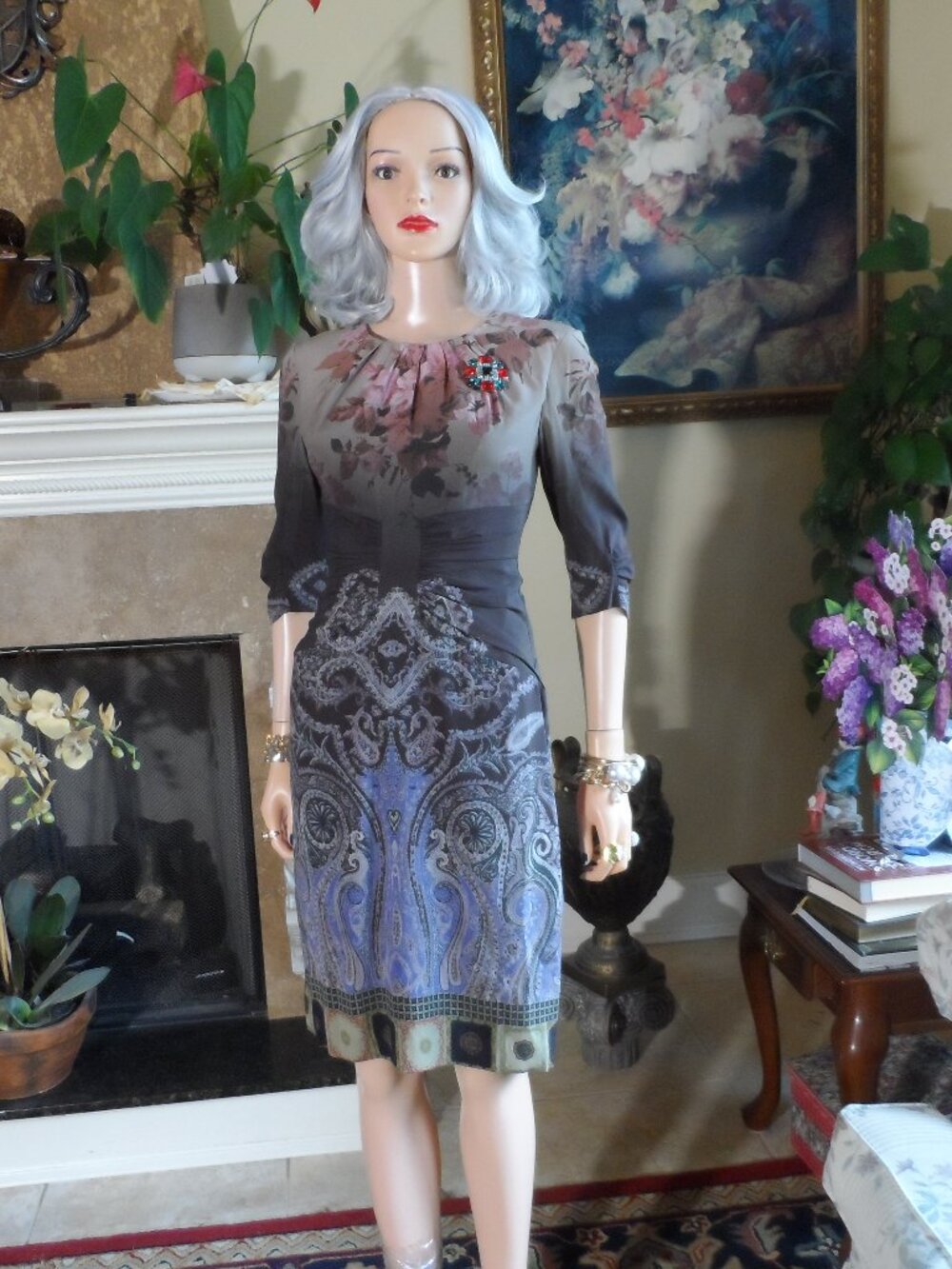 Etro Gray Pink Floral Paisley Silk Sheath Dress Size IT 40